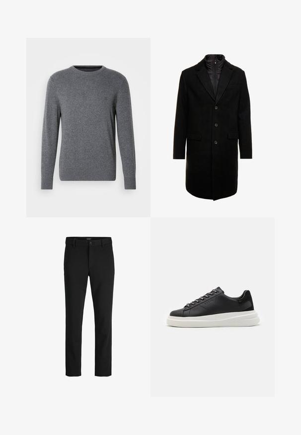 Black wool blend overcoat with a sleek design, featuring a zip-in insulated inner layer, three buttons, and two front pockets.; Gray knit sweater with a round neckline and long sleeves. Features ribbed cuffs and hem, smooth texture, and a small logo on the chest.; Black trousers made of sleek fabric, featuring a classic design, straight cut, front button closure, and side pockets.; Black leather sneaker with a white rubber sole, featuring flat laces and branded eyelets. Soft texture with a contrasting side accent.