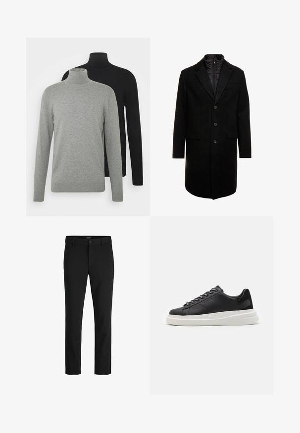 Sort uldblandings frakk med et elegant design, der har et indbygget isoleret inderlag, tre knapper og to forlommer.; To sæt af turtleneck trøjer: en grå og en sort, begge lavet af blødt stof med lange ærmer og ribstrikkede manchetter og sømme.; Sorte bukser lavet af glat stof, med et klassisk design, lige snit, frontknaplukning og sidelommer.; Sort lædersneaker med en hvid gummisål, der har flade snørebånd og branded øjer. Blød tekstur med en kontrasterende sideaccent.