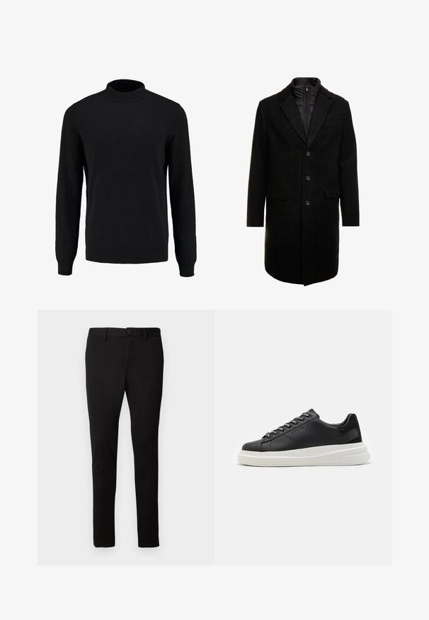 Schwarzer Wollmischung-Übermantel mit sleekem Design, ausgestattet mit einer herausnehmbaren isolierten Innenschicht, drei Knöpfen und zwei Fronttaschen.; Schwarzer Strickpullover mit hohem Kragen, langen Ärmeln und gerippten Bündchen und Saum, der eine glatte Textur und eine klassische Silhouette aufweist.; Schwarze Slim-Fit-Hosen mit Gürtelschlaufen, Vorderknopf und Reißverschluss, auf einem schlichten hellen Hintergrund präsentiert.; Schwarze Ledersneaker mit einer weißen Gummisohle, ausgestattet mit flachen Schnürsenkeln und markierten Ösen. Weiche Textur mit einem kontrastierenden Seitenakzent.