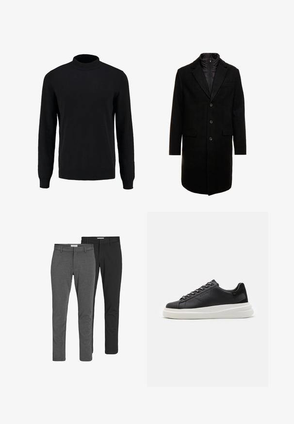 Zwarte wolblend overjas met een slank ontwerp, voorzien van een uitneembare geïsoleerde binnenlaag, drie knopen en twee voorzakken.; Zwarte gebreide trui met een hoge kraag, lange mouwen en geribde manchetten en zoom, met een gladde textuur en een klassieke silhoeet.; Twee paren klassieke broeken: een grijze katoenmix en een zwarte katoenmix. Beide hebben een getailleerd ontwerp met riemlussen en een gladde afwerking.; Zwarte leren sneakers met een witte rubberen zool, voorzien van platte veters en gemerkte oogjes. Zachte textuur met een contrasterende zijaccent.