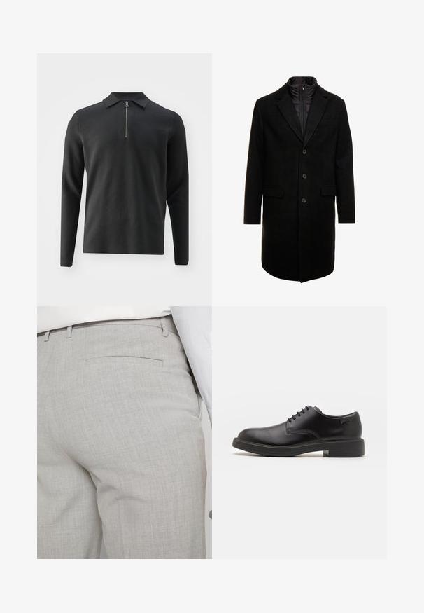 Palton dintr-un amestec de lână negru, cu un design elegant, având un strat interior izolat care se poate atașa cu fermoar, trei butoane și două buzunare frontale.; Samsøe Samsøe GUNA HALF ZIP - Pulover - volcanic ash; Cămașă albă cu mânecă lungă din bumbac, cu un decolteu rotund, logo-ul negru "HUGO" pe partea stângă a pieptului și o textură netedă.; Pantaloni gri deschis croiți, dintr-un material texturat, cu un singur buzunar pe spate și cusături curate.; Pantofii din piele neagră, cu șireturi, au vârful rotunjit, o textură netedă, cusături minime și un toc de cauciuc scăzut. Logo pe toc.