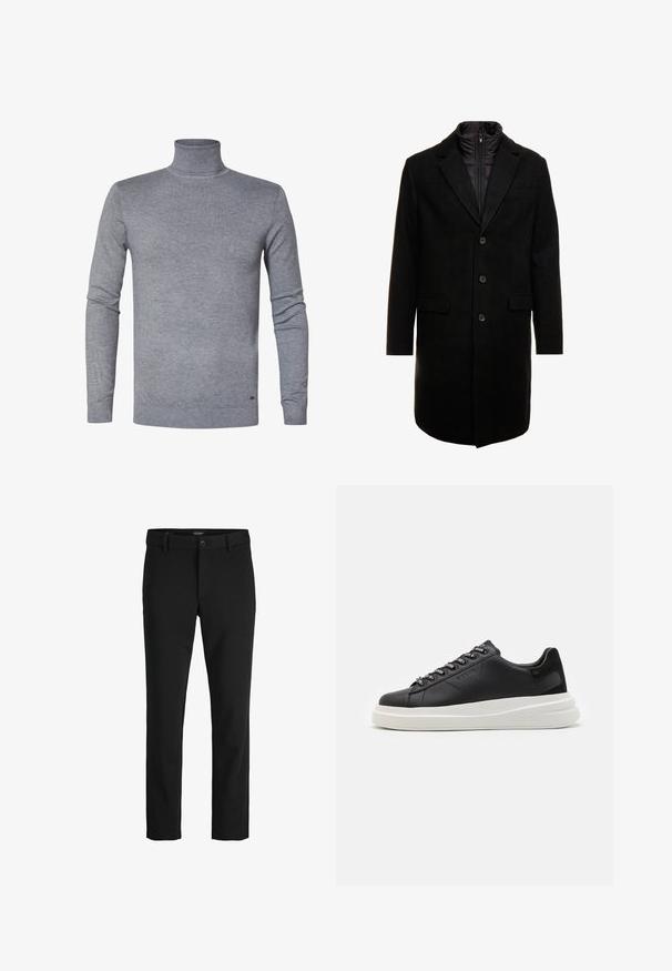 Abrigo de lana negro con un diseño elegante, que cuenta con una capa interna aislante desmontable, tres botones y dos bolsillos frontales.; Sudadera de cuello alto gris en tejido de punto suave, con mangas largas y puños y dobladillo acanalados. Color sólido y sencillo, sin patrones ni acentos.; Pantalones negros hechos de una tela elegante, con un diseño clásico, corte recto, cierre frontal con botón y bolsillos laterales.; Zapatilla de cuero negra con suela de goma blanca, con cordones planos y ojales de marca. Textura suave con un acento lateral contrastante.