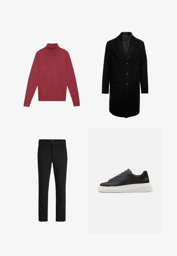 Manteau en mélange de laine noir au design élégant, doté d'une couche intérieure isolée zippée, de trois boutons et de deux poches avant.; Pull à col roulé rouge en maille douce. Dispose de longues manches et d'une coupe ajustée. Texture lisse sans motifs ni accessoires visibles.; Pantalon noir en tissu lisse, avec un design classique, une coupe droite, une fermeture par bouton à l'avant et des poches latérales.; Baskets en cuir noir avec une semelle en caoutchouc blanc, dotées de lacets plats et d'œillets marqués. Texture douce avec un accent contrastant sur le côté.