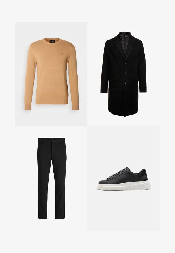 Manteau en mélange de laine noir au design élégant, doté d'une couche intérieure isolée zippée, de trois boutons et de deux poches avant.; Pull en beige à col rond en matériau tricoté doux, avec des manches longues et un petit logo brodé sur la poitrine.; Pantalon noir en tissu lisse, avec un design classique, une coupe droite, une fermeture par bouton à l'avant et des poches latérales.; Baskets en cuir noir avec une semelle en caoutchouc blanc, dotées de lacets plats et d'œillets marqués. Texture douce avec un accent contrastant sur le côté.