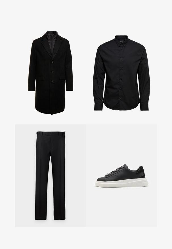Čierny vlnený mixový kabát s elegantným dizajnom, ktorý má zasúvateľnú izolovanú vnútornú vrstvu, tri gombíky a dve predné vrecká.; Čierna košeľa s dlhým rukávom a gombíkmi vyrobená z bavlny. Má klasický golier, predné gombíky a rovný lem bez vzorov alebo ozdôb.; Čierne nohavice z jemného materiálu, s rovnými nohavicami, plochým predkom a pútkami na opasok pre nastaviteľné uchytenie.; Čierne kožené tenisky s bielou gumovou podrážkou, s plochými šnúrkami a brandovanými očkami. Mäkká textúra s kontrastným bočným akcentom.