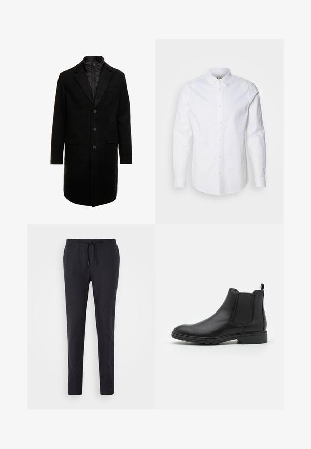 Sort uldblandings frakk med et elegant design, der har et indbygget isoleret inderlag, tre knapper og to forlommer.; Hvid langærmet skjorte med knapper lavet af bomuld, med en struktureret krave, diskret logo-broderi og lysebrune knapper.; Sorte, letvægts joggingbukser med justerbar snor i taljen, tapered ben-design og en glat tekstur. Ingen synlige lommer eller mønstre.; Sort læder Chelsea-boot med elastiske sidepaneler og en løftestrop, der har en rund tå og en tekstureret gummisål.