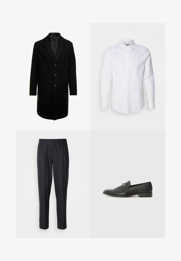 Schwarzer Wollmischung-Übermantel mit sleekem Design, ausgestattet mit einer herausnehmbaren isolierten Innenschicht, drei Knöpfen und zwei Fronttaschen.; Weiße Langarm-Hemden aus Baumwolle mit strukturiertem Kragen, dezenter Logo-Stickerei und hellbraunen Knöpfen.; Maßgeschneiderte Hosen aus dunkelgrauem Stoff mit feinen vertikalen Streifen; ausgestattet mit einem Knopfverschluss und einem gefältelten Frontdesign.; Schwarzer Lederloafer mit glatter Oberfläche, ausgestattet mit einer gesteppten Gestaltung und einem dekorativen Metallkettendetail über dem Vorderblatt. Flacher Absatz.