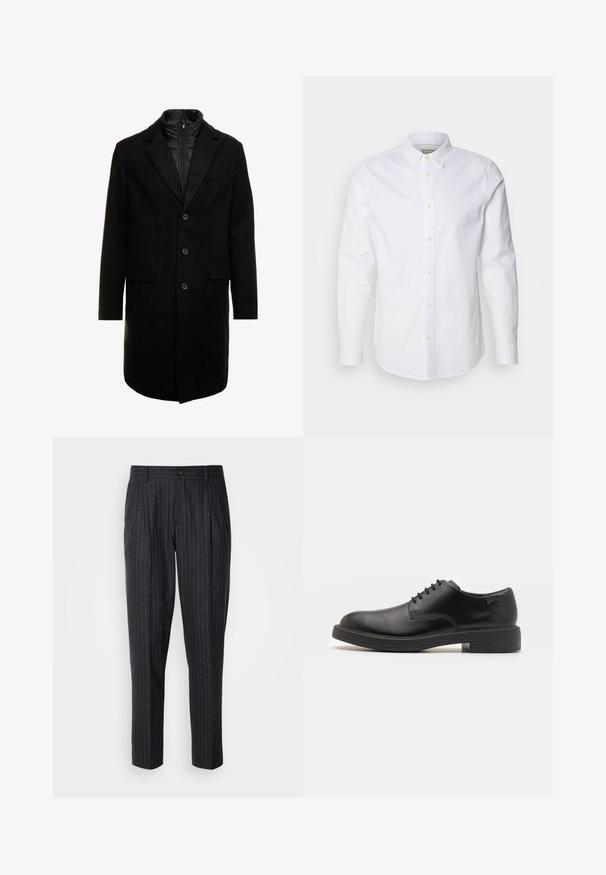 Black wool blend overcoat with a sleek design, featuring a zip-in insulated inner layer, three buttons, and two front pockets.; White long-sleeve button-up shirt made of cotton, featuring a structured collar, subtle logo embroidery, and light tan buttons.; Tailored trousers in dark gray fabric with thin vertical stripes; features a button closure and pleated front design.; Black leather lace-up shoe with a rounded toe, smooth texture, minimal stitching, and a low rubber heel. Logo on the heel.