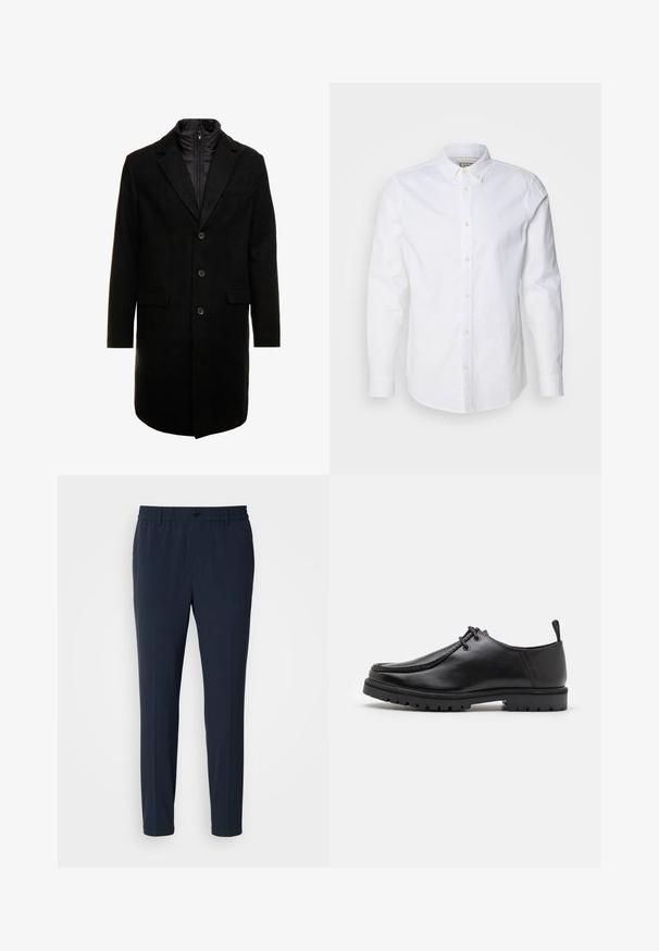 Mustan villasekoitteinen päällystakki, jossa on tyylikäs muotoilu, vuorattu irrotettavalla lämpökerroksella, kolme nappia ja kaksi etulokeroa.; Valkoinen pitkähihaista nappipaitaa puuvillasta, jossa on rakenteellinen kaulus, hillitty logon brodeeraus ja vaaleanruskeat napit.; Tummansininen, suora lahkeinen housut, joissa on joustava vyötärö, etupuolella nappikiinnitys ja sileä kangas.; Musta nahkainen nauhallinen kenkä, jossa on kestävä pohja ja kantapään vetohihna, esitetty sivuprofiilista valkoista taustaa vasten.