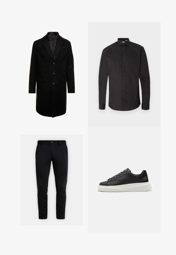 Zwarte wolblend overjas met een slank ontwerp, voorzien van een uitneembare geïsoleerde binnenlaag, drie knopen en twee voorzakken.; Zwarte longsleeve van glad katoen, met een knoopsluiting aan de voorkant, klassieke kraag en afgeronde zoom. Eenvoudig ontwerp, geen patronen.; Slim-fit zwarte broek met riemlussen, voorste knoopsluiting en zijzakken, weergegeven tegen een lichtgrijze achtergrond.; Zwarte leren sneakers met een witte rubberen zool, voorzien van platte veters en gemerkte oogjes. Zachte textuur met een contrasterende zijaccent.