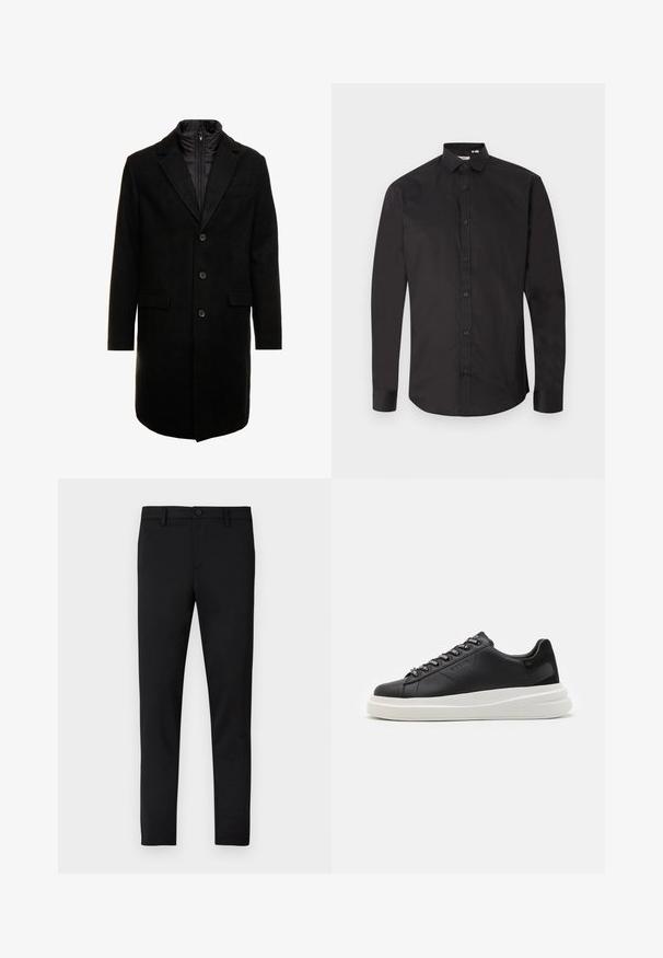 Svart ullblandad ytterrock med en stilren design, med ett zip-in isolerat innerlager, tre knappar och två framfickor.; Svart långärmad skjorta av mjuk bomull, med knäppning framtill, klassisk krage och rundad fåll. Enkel design utan mönster.; Svarta figurnära byxor med slät textur, knappstängning, bälteshällor och utan synliga mönster eller accenter.; Svart lädersneaker med en vit gummisula, med platta snören och märkta öglor. Mjuk textur med en kontrasterande sidodetalj.