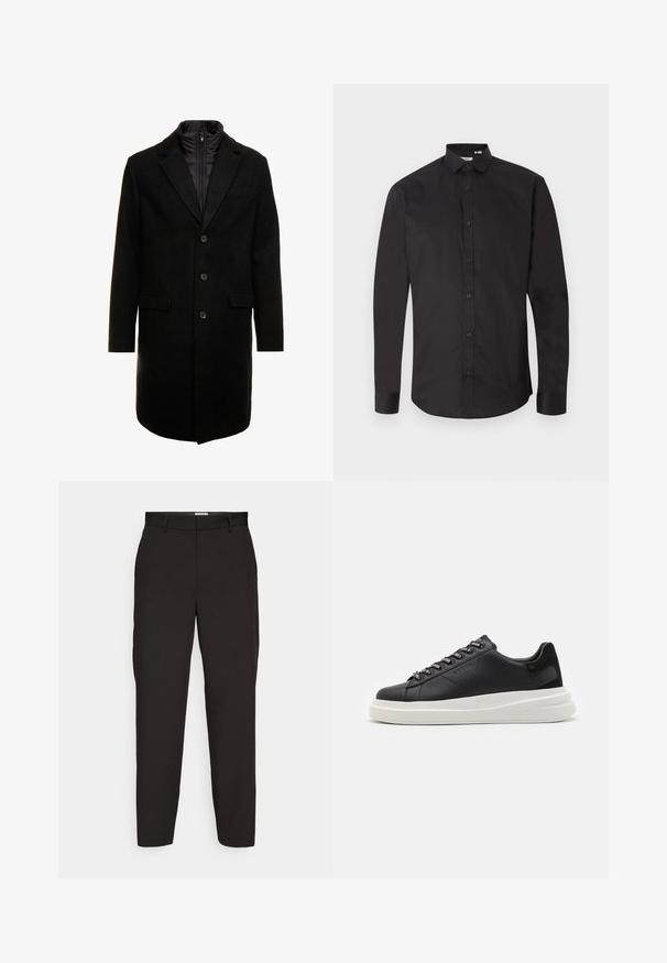 Black wool blend overcoat with a sleek design, featuring a zip-in insulated inner layer, three buttons, and two front pockets.; Black long-sleeve shirt made of smooth cotton, featuring a button-up front, classic collar, and curved hem. Simple design, no patterns.; Black trousers made of smooth fabric, featuring a straight-leg design, belt loops, and side pockets. No visible patterns or hardware.; Black leather sneaker with a white rubber sole, featuring flat laces and branded eyelets. Soft texture with a contrasting side accent.