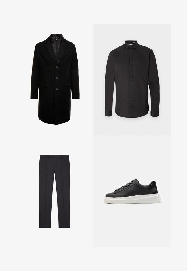Melna vilnas maisījuma virsjakas ar elegantu dizainu, kurā ir iešūta izolēta iekšējā kārta, trīs pogas un divas priekšējās kabatas.; Melnas, garām piedurknēm krekls no gludas kokvilnas, ar pogu aizdari priekšpusē, klasisku apkakli un izliekta griezuma apakšu. Vienkāršs dizains, bez rakstiem.; The Kooples Uzvalka bikses - black; Melnas ādas sporta kurpes ar baltu gumijas zoli, kurām ir plakanas saites un zīmola acs. Mīksta tekstūra ar kontrastējošu sānu akcentu.
