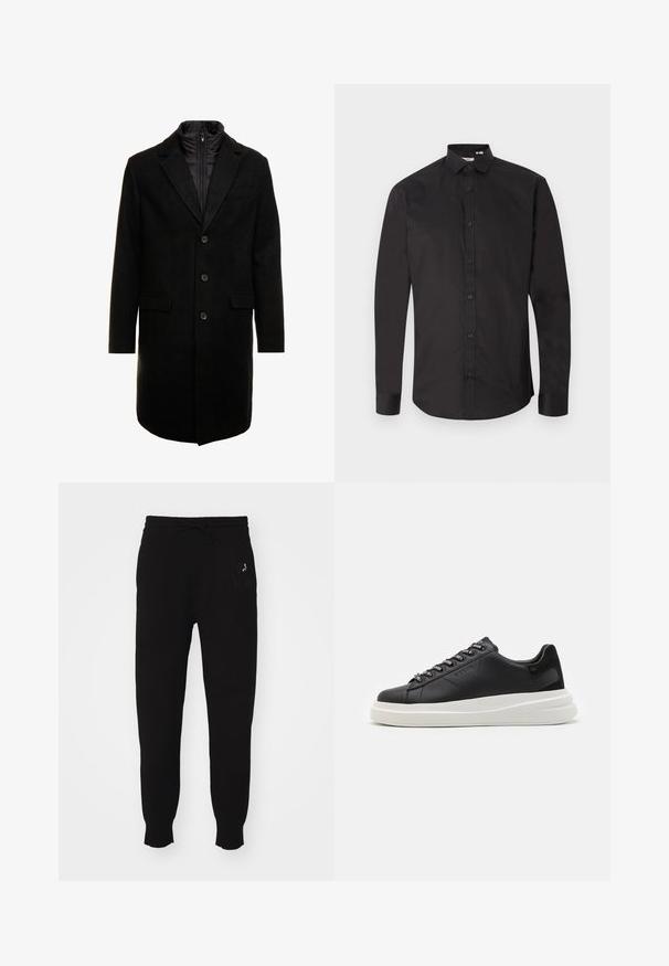 Juodas vilnos mišinio viršutinis paltas su elegantišku dizainu, turintis įsitraukiančią izoliuotą vidinę dalį, tris mygtukus ir dvi priekinės kišenes.; Juoda ilgarankovė marškiniai iš lygaus medvilnės audinio, su sagomis priekyje, klasikiniu apykakliu ir išlenktu apvadu apačioje. Paprastas dizainas, be raštų.; Juoda medvilninė sportinė kelnė su raišteliu juosmenyje, siaurėjančiomis kojomis ir išsiuvinėtu logotipo elementu kairėje pusėje. Lygus paviršius.; Juodos odinės sportbačiai su balta guma padanga, su plokščiomis raiščiais ir firminiais skylutėmis. Minkšta tekstūra su kontrastingu šonu akcentu.