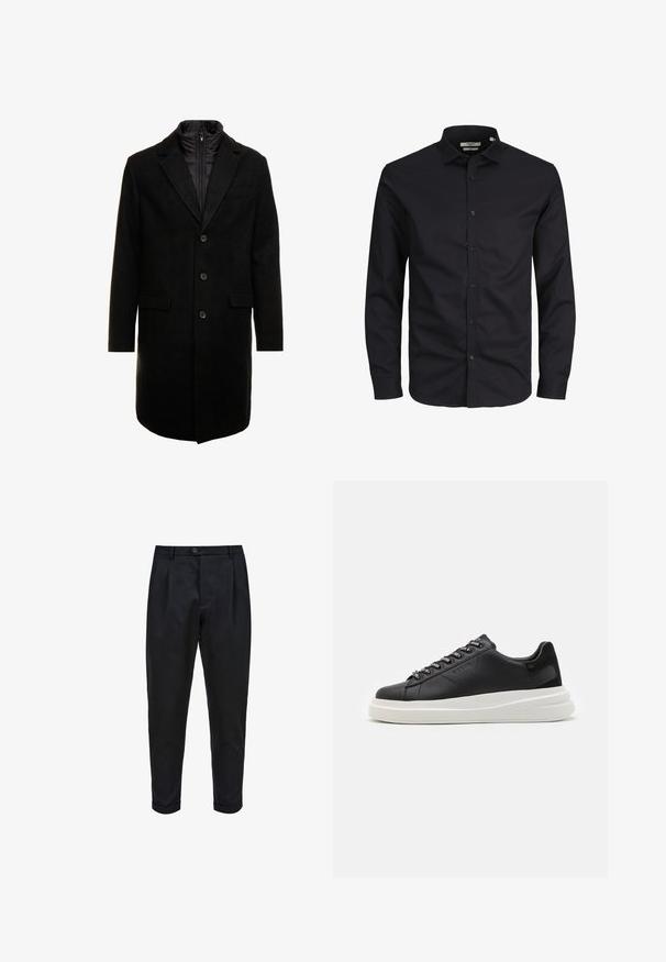 Mustan villasekoitteinen päällystakki, jossa on tyylikäs muotoilu, vuorattu irrotettavalla lämpökerroksella, kolme nappia ja kaksi etulokeroa.; Mustassa pitkähihaisessa nappipaidassa on puuvillakangas, terpakkareunat, etunappi ja klassinen malli. Sileä rakenne, ei kuvioita.; Mustat housut, jotka on valmistettu sileästä kankaasta, joissa on laskostettu etuosa, kapeneva malli ja käännetyt hihansuut. Yksinkertainen nappisulku vyötäröllä.; Musta nahkakengät valkoisella kumipohjalla, joissa on tasaiset nauhat ja brändätyt rei'itykset. Pehmeä pinta, jossa on erottuva sivusärmä.