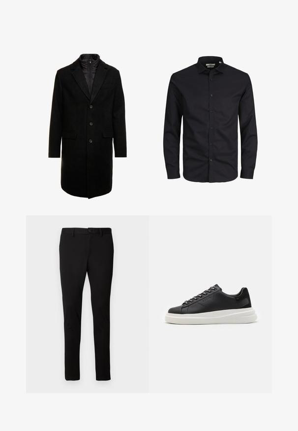 Svart ullblandingsfrakk med et elegant design, som har et avtagbart isolert innerlag, tre knapper og to frontlommer.; Svart langermet skjorte med knapper laget av bomull, med spiss krage, frontknapper og klassisk passform. Glatt tekstur, ingen mønstre.; Sorte slim-fit bukser med bæltesløjfer, foran knap og lynlås lukning, præsenteret på en ensfarvet lys baggrund.; Svart lær sneakers med hvit gummisåle, med flate lisser og merkede lissehull. Myk tekstur med en kontrasterende sideaccent.