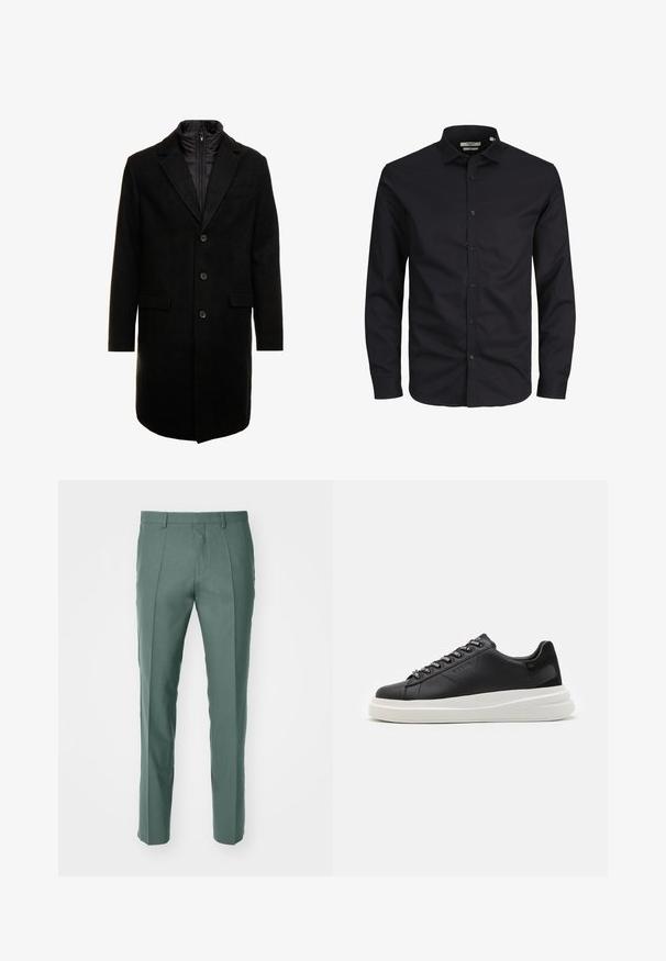 Černý vlněný kabát s elegantním designem, který má odnímatelnou izolační vnitřní vrstvu, tři knoflíky a dvě přední kapsy.; Černá košile s dlouhým rukávem na knoflíky vyrobená z bavlny, s špičatým límcem, předními knoflíky a klasickým střihem. Hladká textura, bez vzorů.; Šité kalhoty v tlumené zelené barvě, vyrobené z texturované látky, s rovnými nohavicemi a decentními předními sklady.; Černé kožené tenisky s bílou gumovou podrážkou, mají ploché tkaničky a očička s logem. Jemná textura s kontrastním bočním akcentem.