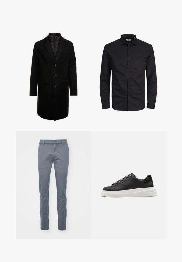 Palton dintr-un amestec de lână negru, cu un design elegant, având un strat interior izolat care se poate atașa cu fermoar, trei butoane și două buzunare frontale.; Cămașă neagră cu mâneci lungi, din bumbac, cu guler ascuțit, butoane pe față și o croială clasică. Textură netedă, fără modele.; Pantaloni gri, ajustați, realizați din țesătură împletită, având un front plat, talie standard cu bucle pentru curea și picioare drepte, slim-fit.; Sneaker din piele neagră cu o talpă din cauciuc alb, cu șireturi plate și eyelets marcate. Textură moale cu un accent lateral contrastant.