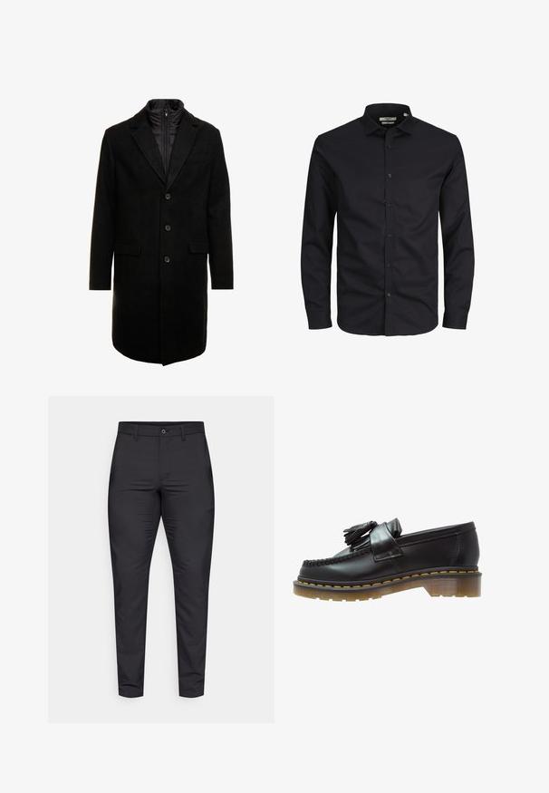 Pardessus preto em mistura de lã com um design elegante, apresentando uma camada interna isolada que pode ser colocada, três botões e dois bolsos frontais.; Camisa preta de mangas compridas, com botões, feita de algodão e com colarinho pontudo, com botões à frente e um corte clássico. Textura suave, sem padrões.; J.LINDEBERG Sports ELOF PANT - Calças - black; Sapatos mocassim de couro preto com acabamento texturizado, apresentando um pormenor de franjas decorativas e pespontos amarelos em contraste, sobre uma sola grossa e transparente.