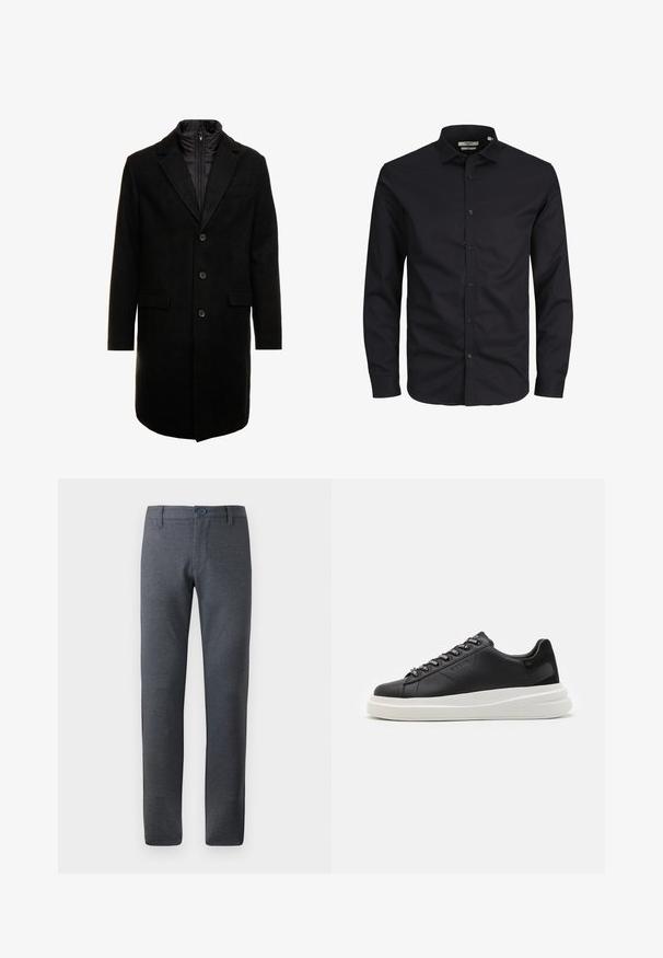 Melna vilnas maisījuma virsjakas ar elegantu dizainu, kurā ir iešūta izolēta iekšējā kārta, trīs pogas un divas priekšējās kabatas.; Melnas garām piedurknēm pogājama krekls, izgatavots no kokvilnas, ar uzmavu apakšu, priekšējo pogu un klasisku piegriezumu. Gluda tekstūra, bez rakstiem.; Pelēki, tekstūru bikses ar taisnu piegriezumu, kurām ir jostas cilpas viduklis, priekšējās kabatas un viena pogas aizdare.; Melnas ādas sporta kurpes ar baltu gumijas zoli, kurām ir plakanas saites un zīmola acs. Mīksta tekstūra ar kontrastējošu sānu akcentu.