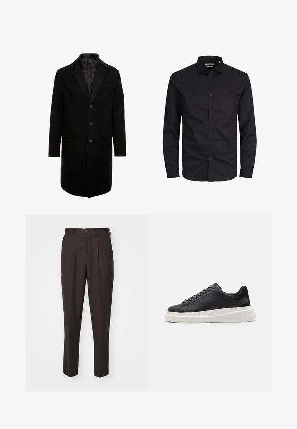 Melna vilnas maisījuma virsjakas ar elegantu dizainu, kurā ir iešūta izolēta iekšējā kārta, trīs pogas un divas priekšējās kabatas.; Melnas garām piedurknēm pogājama krekls, izgatavots no kokvilnas, ar uzmavu apakšu, priekšējo pogu un klasisku piegriezumu. Gluda tekstūra, bez rakstiem.; Brūni, pielāgoti bikses ar plakanu priekšpusi, krokiem un pogu aizdari. Izgatavotas no gludas auduma, ar taisnu kāju dizainu un bez redzamām rakstu motīviem.; Melnas ādas sporta kurpes ar baltu gumijas zoli, kurām ir plakanas saites un zīmola acs. Mīksta tekstūra ar kontrastējošu sānu akcentu.