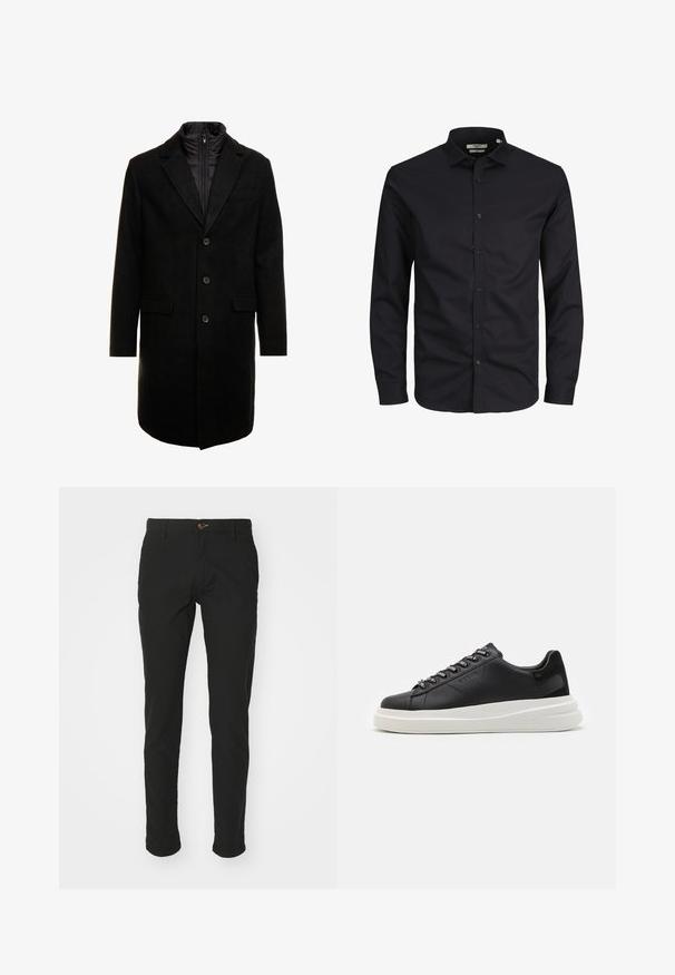 Svart ullblandingsfrakk med et elegant design, som har et avtagbart isolert innerlag, tre knapper og to frontlommer.; Svart langermet skjorte med knapper laget av bomull, med spiss krage, frontknapper og klassisk passform. Glatt tekstur, ingen mønstre.; Sorte chinos laget av en bomullsblanding, slim fit design, med en brun knapplukking, to sidelommer og manchetter.; Svart lær sneakers med hvit gummisåle, med flate lisser og merkede lissehull. Myk tekstur med en kontrasterende sideaccent.