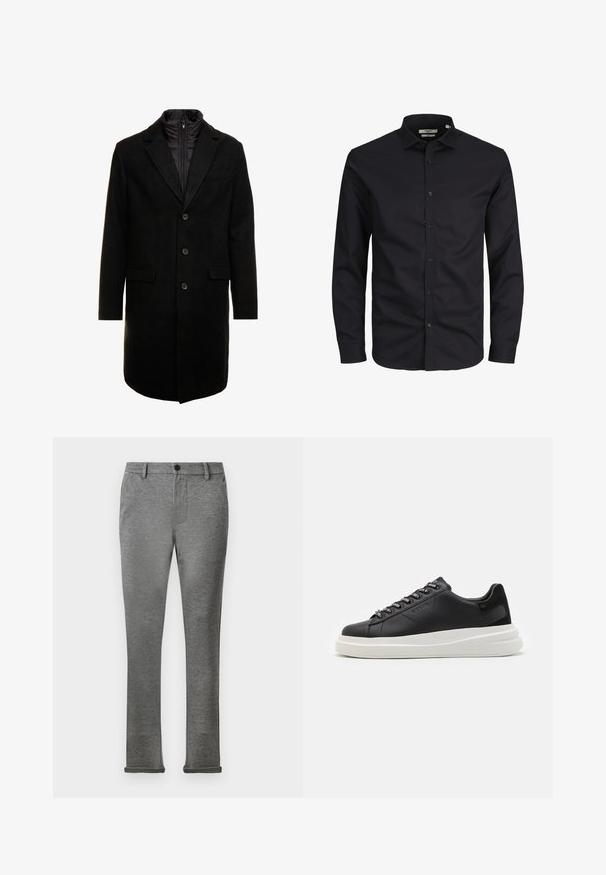 Fekete gyapjú keverékből készült overál, letisztult dizájnnal, cipzárral ellátott szigetelt belső réteggel, három gombbal és két elülső zsebből.; Fekete, hosszú ujjú gombos ing, pamutból készült, hegyes gallérral, elülső gombokkal és klasszikus fazonnal. Simaszövet, minták nélkül.; Szürke, slim fit nadrág, puha anyagból, finom textúrával. Gombos záródással és kibővített szegéllyel rendelkezik, hogy elegáns megjelenést biztosítson.; Fekete bőr sportcipő fehér gumitalppal, lapos fűzőkkel és márkázott fűzőlyukakkal. Puha tapintású, kontrasztos oldali akcentussal.