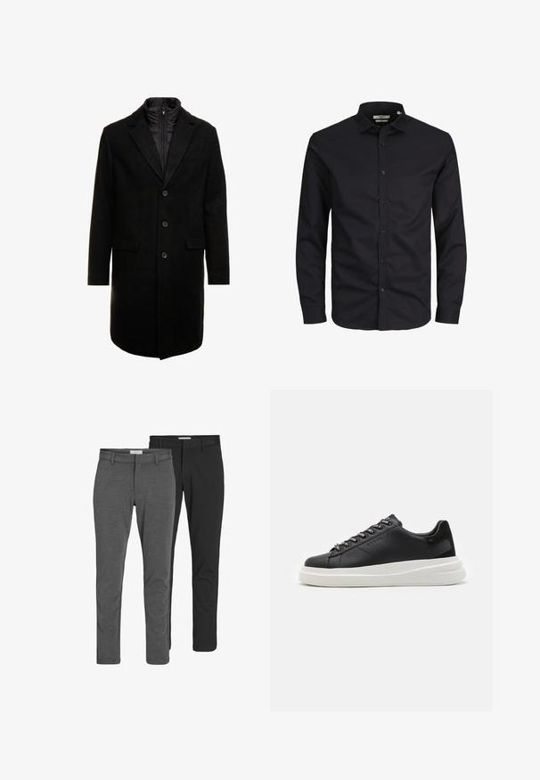 Manteau en mélange de laine noir au design élégant, doté d'une couche intérieure isolée zippée, de trois boutons et de deux poches avant.; Chemise noire à manches longues avec boutons, en coton, avec un col pointu, des boutons à l'avant et une coupe classique. Texture lisse, sans motifs.; Deux paires de pantalons classiques : une en mélange de coton gris, l'autre en mélange de coton noir. Les deux présentent un design ajusté avec passants de ceinture et une finition lisse.; Baskets en cuir noir avec une semelle en caoutchouc blanc, dotées de lacets plats et d'œillets marqués. Texture douce avec un accent contrastant sur le côté.