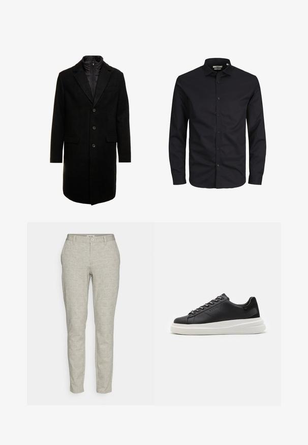 Čierny vlnený mixový kabát s elegantným dizajnom, ktorý má zasúvateľnú izolovanú vnútornú vrstvu, tri gombíky a dve predné vrecká.; Čierna košeľa s dlhým rukávom, zapínaná na gombíky, vyrobená z bavlny, s špicatým golierom a klasickým strihom. Hladká textúra, bez vzorov.; Krémové nohavice na mieru vyrobené z ľahkej textílie, s predným zapínaním na gombík, dvoma bočnými vreckami a slim fit strihom.; Čierne kožené tenisky s bielou gumovou podrážkou, s plochými šnúrkami a brandovanými očkami. Mäkká textúra s kontrastným bočným akcentom.