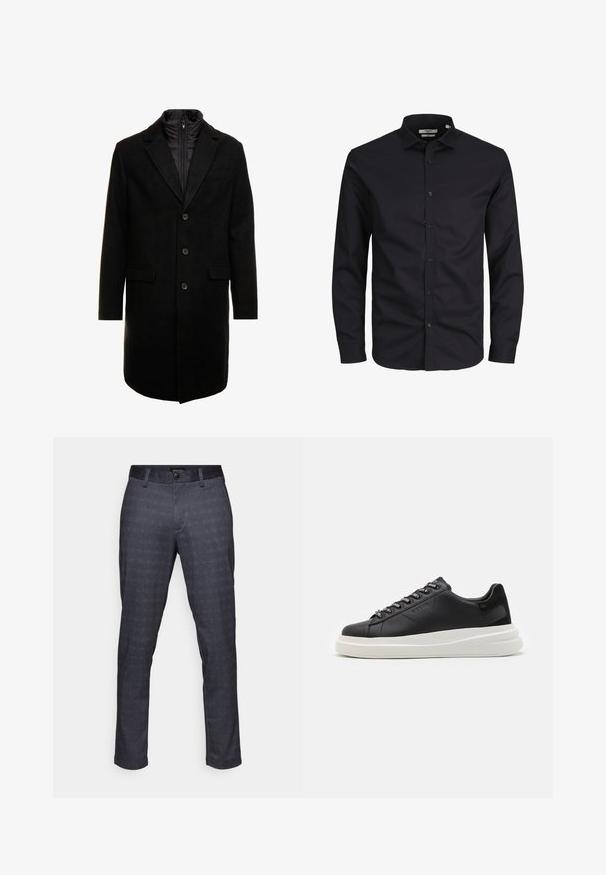 Juodas vilnos mišinio viršutinis paltas su elegantišku dizainu, turintis įsitraukiančią izoliuotą vidinę dalį, tris mygtukus ir dvi priekinės kišenes.; Juodas ilgomis rankovėmis marškiniai su mygtukais, pagaminti iš medvilnės, su smailiu apykakle, priekiniais mygtukais ir klasikinio kirpimo. Lygi tekstūra, be rašto.; Tamsiai mėlynos kelnės su tekstūruotu langelių raštu, turinčios plokščią priekį, diržo kilpos, šoninius kišenius ir klasikį mygtuko uždarymą.; Juodos odinės sportbačiai su balta guma padanga, su plokščiomis raiščiais ir firminiais skylutėmis. Minkšta tekstūra su kontrastingu šonu akcentu.