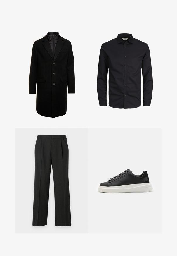Abrigo de lana negro con un diseño elegante, que cuenta con una capa interna aislante desmontable, tres botones y dos bolsillos frontales.; Camisa negra de manga larga con botones, hecha de algodón, con cuello puntiagudo, botones frontales y un corte clásico. Textura suave, sin patrones.; Pantalones de pierna ancha negros con cintura elástica, frente plisado y textura suave. Sin patrones visibles ni detalles metálicos.; Zapatilla de cuero negra con suela de goma blanca, con cordones planos y ojales de marca. Textura suave con un acento lateral contrastante.