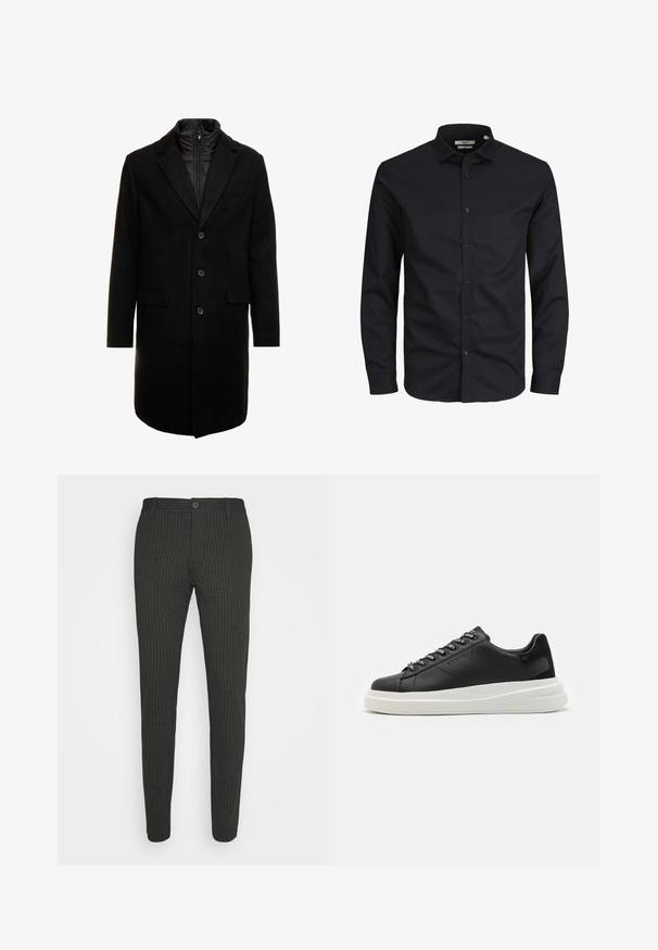 Czarny płaszcz wełniany o eleganckim fasonie, z ocieplaną wkładką na zamek, trzema guzikami i dwiema przednimi kieszeniami.; Czarna, długosleeve koszula zapinana na guziki, wykonana z bawełny, z kołnierzykiem w kształcie litery point i klasycznym krojem. Gładka tekstura, bez wzorów.; Ciemnoszare spodnie w paski o wąskim kroju, z klasycznym pasem i zapięciem na jeden guzik. Gładka tekstura i dopasowany fason.; Czarne skórzane trampki z białą gumową podeszwą, z płaskimi sznurowadłami i logo w oczkach. Miękka tekstura z kontrastowym akcentem bocznym.