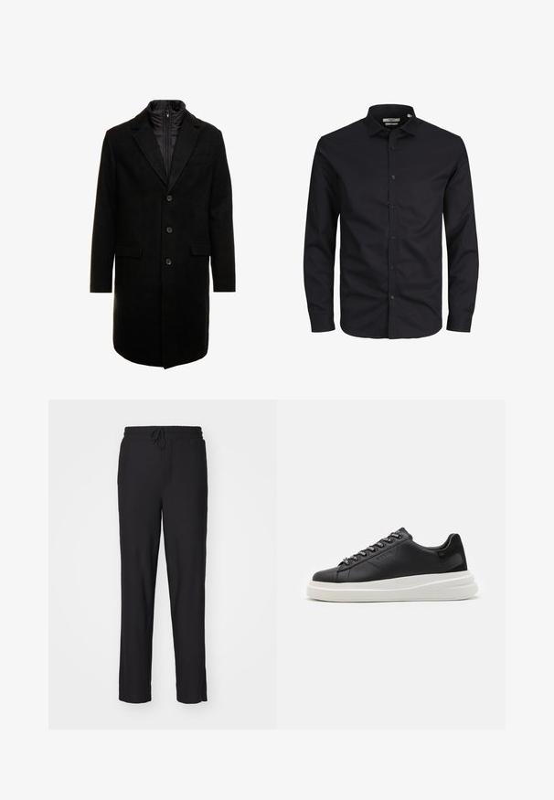 Čierny vlnený mixový kabát s elegantným dizajnom, ktorý má zasúvateľnú izolovanú vnútornú vrstvu, tri gombíky a dve predné vrecká.; Čierna košeľa s dlhým rukávom, zapínaná na gombíky, vyrobená z bavlny, s špicatým golierom a klasickým strihom. Hladká textúra, bez vzorov.; Čierne pletené nohavice s elastickým pásom a šnúrkou. Priamym strihom, hladkou textúrou a bez viditeľných označení alebo vzorov.; Čierne kožené tenisky s bielou gumovou podrážkou, s plochými šnúrkami a brandovanými očkami. Mäkká textúra s kontrastným bočným akcentom.