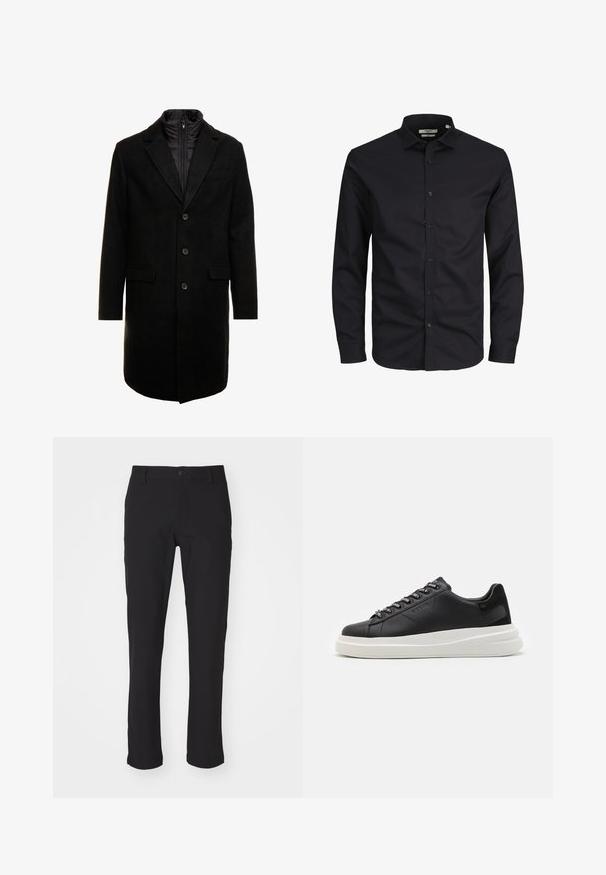 Czarny płaszcz wełniany o eleganckim fasonie, z ocieplaną wkładką na zamek, trzema guzikami i dwiema przednimi kieszeniami.; Czarna, długosleeve koszula zapinana na guziki, wykonana z bawełny, z kołnierzykiem w kształcie litery point i klasycznym krojem. Gładka tekstura, bez wzorów.; Czarne spodnie wykonane z gładkiego materiału, z zapięciem na guzik, dopasowanym prostym kroju oraz bez widocznych wzorów czy akcentów.; Czarne skórzane trampki z białą gumową podeszwą, z płaskimi sznurowadłami i logo w oczkach. Miękka tekstura z kontrastowym akcentem bocznym.