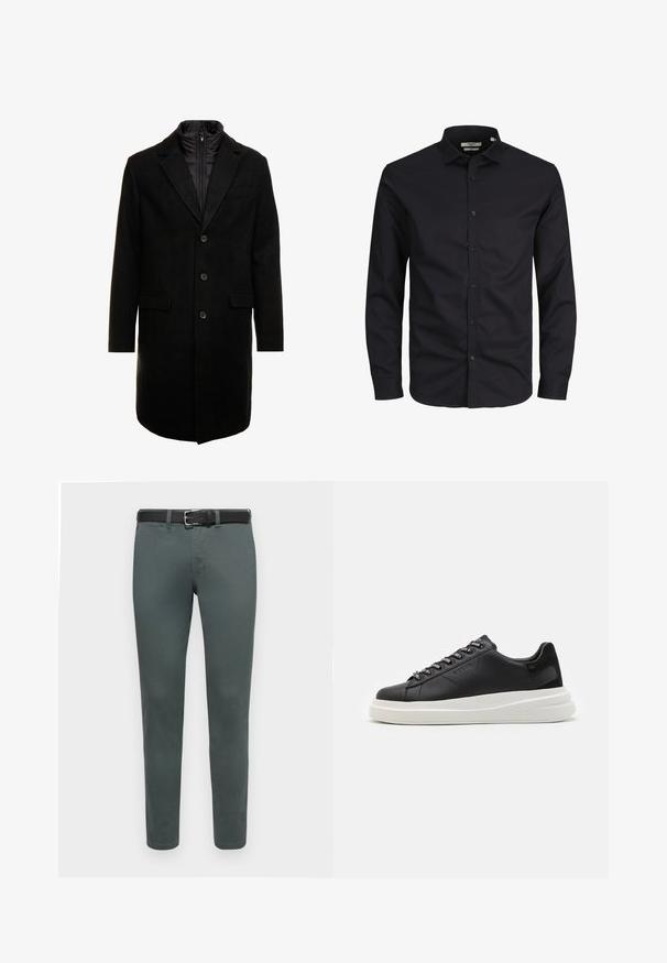 Cappotto lungo in misto lana nero dal design elegante, con uno strato interno isolato rimovibile, tre bottoni e due tasche frontali.; Camicia nera a maniche lunghe con bottoni, realizzata in cotone, con colletto a punta, bottoni frontali e una vestibilità classica. Texture liscia, senza fantasie.; Pantaloni verdi in cotone con vestibilità slim, dotati di una cintura nera e design a cinque tasche standard. Tessuto liscio, dettagli di cucitura minimi.; Sneaker in pelle nera con suola in gomma bianca, dotato di lacci piatti e occhielli brandizzati. Texture morbida con un accento laterale a contrasto.