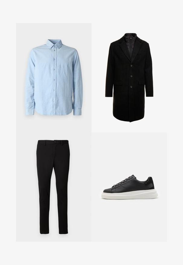 Schwarzer Wollmischung-Übermantel mit sleekem Design, ausgestattet mit einer herausnehmbaren isolierten Innenschicht, drei Knöpfen und zwei Fronttaschen.; Samsøe Samsøe LIAM SHIRT - Hemd - light blue; Schwarze Slim-Fit-Hosen mit Gürtelschlaufen, Vorderknopf und Reißverschluss, auf einem schlichten hellen Hintergrund präsentiert.; Schwarze Ledersneaker mit einer weißen Gummisohle, ausgestattet mit flachen Schnürsenkeln und markierten Ösen. Weiche Textur mit einem kontrastierenden Seitenakzent.