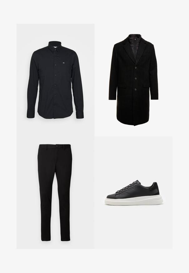 Fekete gyapjú keverékből készült overál, letisztult dizájnnal, cipzárral ellátott szigetelt belső réteggel, három gombbal és két elülső zsebből.; Fekete, hosszú ujjú, pamut ing, gombos gallérral, bal mellen egy kis CK logóval és egyenes aljjal.; Fekete, slim-fit nadrág övbújtatókkal, elülső gombbal és cipzárral, egyszerű világos háttéren bemutatva.; Fekete bőr sportcipő fehér gumitalppal, lapos fűzőkkel és márkázott fűzőlyukakkal. Puha tapintású, kontrasztos oldali akcentussal.