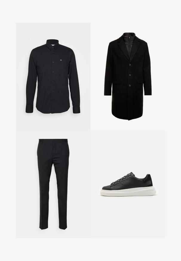 Cappotto lungo in misto lana nero dal design elegante, con uno strato interno isolato rimovibile, tre bottoni e due tasche frontali.; Maglietta nera a maniche lunghe in cotone con colletto button-down, caratterizzata da un piccolo logo CK sul petto sinistro e un orlo dritto.; Pantaloni neri su misura con una vestibilità dritta, realizzati in tessuto liscio. Presentano passanti per cintura e dettagli di piega lungo la parte anteriore.; Sneaker in pelle nera con suola in gomma bianca, dotato di lacci piatti e occhielli brandizzati. Texture morbida con un accento laterale a contrasto.