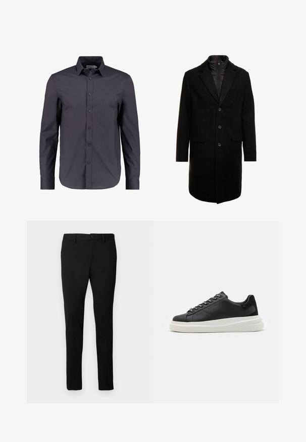 Crni kaput od vune s mješavinom, elegantnog dizajna, s odvojivim izoliranim unutarnjim slojem, tri gumba i dva prednja džepa.; Tamno plavo dugom rukavu košulja od glatkog pamuka, s prednjim kopčanjem na dugme, klasičnom kragnom i krojem koji se prilagođava figuri.; Crne uske hlače s petljama za remen, prednjim dugmetom i zatvaranjem na zatvarač, prikazane na jednostavnoj svijetloj pozadini.; Crne kožne tenisice s bijelim gumenim potplatima, s ravnim vezicama i brendiranim rupama za vezanje. Mekana tekstura s kontrastnim bočnim naglaskom.