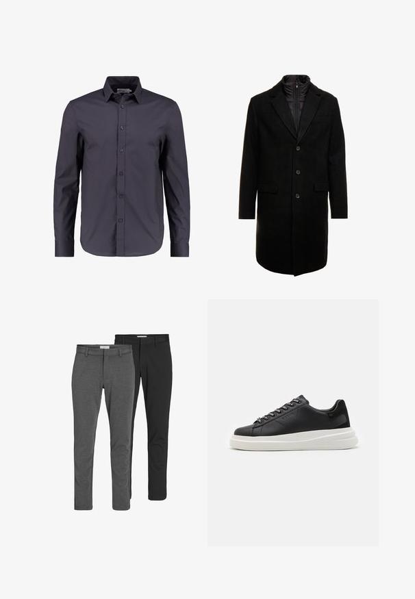 Abrigo de lana negro con un diseño elegante, que cuenta con una capa interna aislante desmontable, tres botones y dos bolsillos frontales.; Camisa de manga larga azul marino oscura, hecha de algodón suave, con botón al frente, cuello clásico y un corte ajustado.; Dos pares de pantalones clásicos: uno de mezcla de algodón gris y otro de mezcla de algodón negro. Ambos presentan un diseño ajustado con trabillas y un acabado suave.; Zapatilla de cuero negra con suela de goma blanca, con cordones planos y ojales de marca. Textura suave con un acento lateral contrastante.