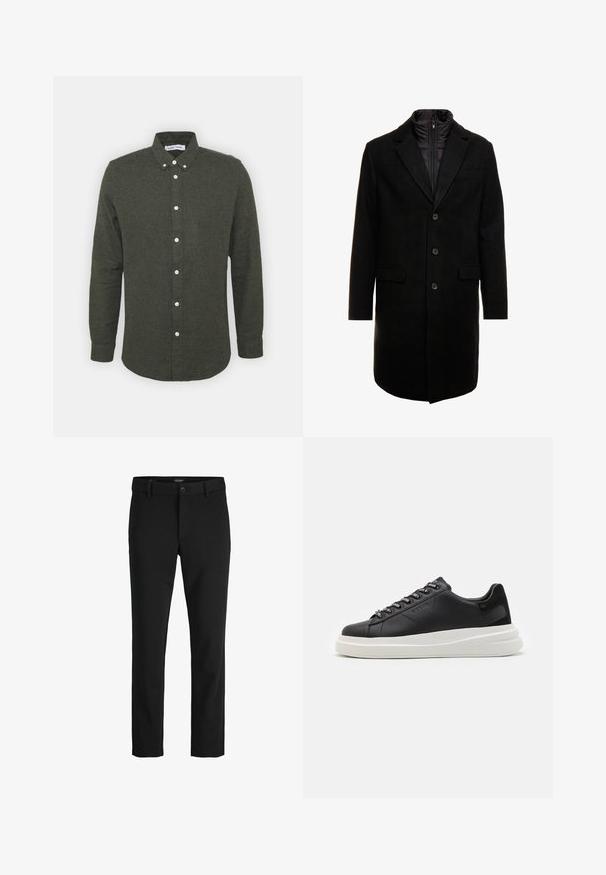 Juodas vilnos mišinio viršutinis paltas su elegantišku dizainu, turintis įsitraukiančią izoliuotą vidinę dalį, tris mygtukus ir dvi priekinės kišenes.; Tamsiai žalia marškinėlių palaidinė su apykakle, ilgomis rankovėmis ir baltais mygtukais. Minkšta, tekstūruota medžiaga su šiek tiek išlenktu kraštu.; Juodos kelnės, pagamintos iš švelnaus audinio, pasižyminčios klasikiniu dizainu, tiesiu kirpimu, priekiniais mygtukais ir šoninėmis kišenėmis.; Juodos odinės sportbačiai su balta guma padanga, su plokščiomis raiščiais ir firminiais skylutėmis. Minkšta tekstūra su kontrastingu šonu akcentu.