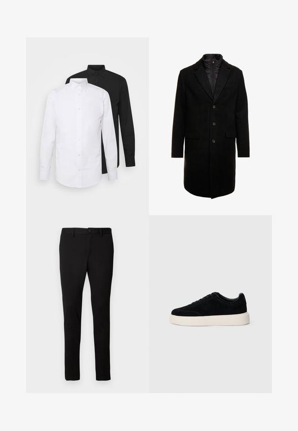 Schwarzer Wollmischung-Übermantel mit sleekem Design, ausgestattet mit einer herausnehmbaren isolierten Innenschicht, drei Knöpfen und zwei Fronttaschen.; Zwei Langarmhemden, eines weiß und das andere schwarz, mit spitzen Kragen und Knopfschluss, aus glattem Stoff.; Schwarze Slim-Fit-Hosen mit Gürtelschlaufen, Vorderknopf und Reißverschluss, auf einem schlichten hellen Hintergrund präsentiert.; Schwarze Wildledersneaker mit flachem Profil, runder Zehenpartie und weißer Gummisohle. Mit flachen Schnürsenkeln und einem dezenten Logo an der Seite.