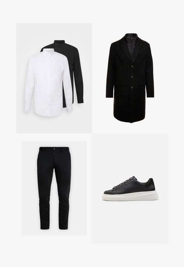 Čierny vlnený mixový kabát s elegantným dizajnom, ktorý má zasúvateľnú izolovanú vnútornú vrstvu, tri gombíky a dve predné vrecká.; Dvoje košiel s dlhým rukávom, jedna biela a jedna čierna, s ostrým golierom a gombíkovým zapínaním, vyrobené z hladkej látky.; Štíhle čierne nohavice s pútkami na opasok, predným zapínaním na gombík a bočnými vreckami, zobrazené na svetlo šedom pozadí.; Čierne kožené tenisky s bielou gumovou podrážkou, s plochými šnúrkami a brandovanými očkami. Mäkká textúra s kontrastným bočným akcentom.