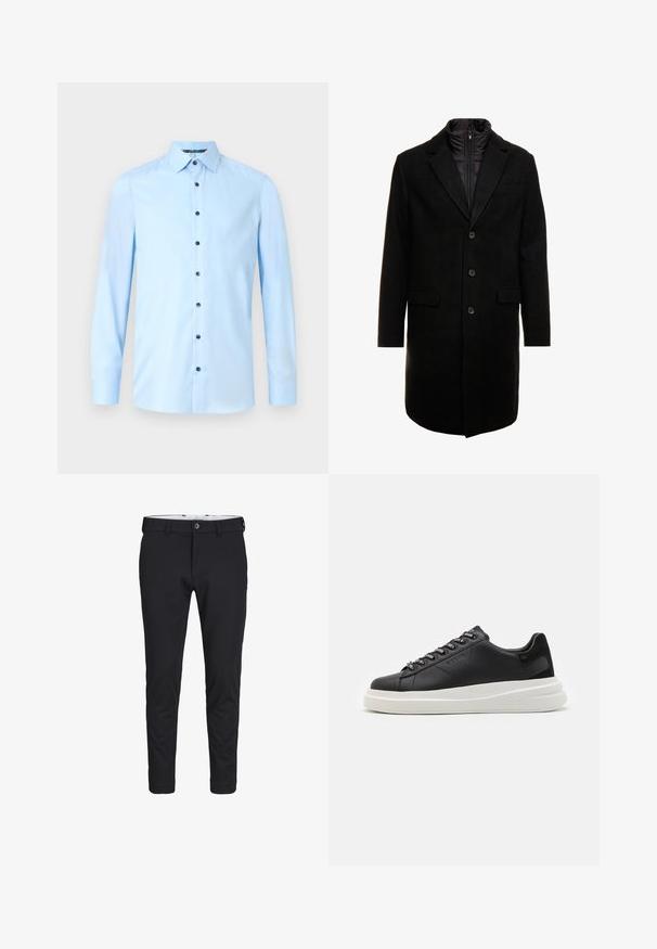 Svart ullblandingsfrakk med et elegant design, som har et avtagbart isolert innerlag, tre knapper og to frontlommer.; Lys blå skjorte med knappestilling laget av glatt stoff. Har klassisk krage, lange ermer og mørke knapper på frontlukningen.; Svarte bukser laget av et glatt, elastisk stoff. De har en smal passform, knappelukking og sidelommer.; Svart lær sneakers med hvit gummisåle, med flate lisser og merkede lissehull. Myk tekstur med en kontrasterende sideaccent.