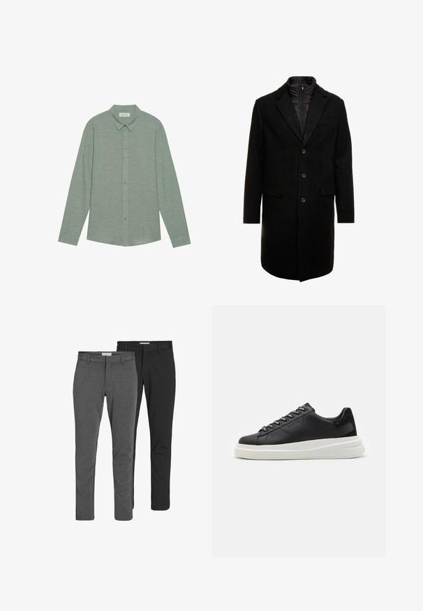 Cappotto lungo in misto lana nero dal design elegante, con uno strato interno isolato rimovibile, tre bottoni e due tasche frontali.; Camicia a maniche lunghe con bottoni in lino di colore verde chiaro, dotata di colletto a punta e bottoni coordinati, caratterizzata da una leggera trama.; Due coppie di pantaloni classici: una in misto cotone grigio e l'altra in misto cotone nero. Entrambi presentano un design su misura con passanti per cintura e una finitura liscia.; Sneaker in pelle nera con suola in gomma bianca, dotato di lacci piatti e occhielli brandizzati. Texture morbida con un accento laterale a contrasto.