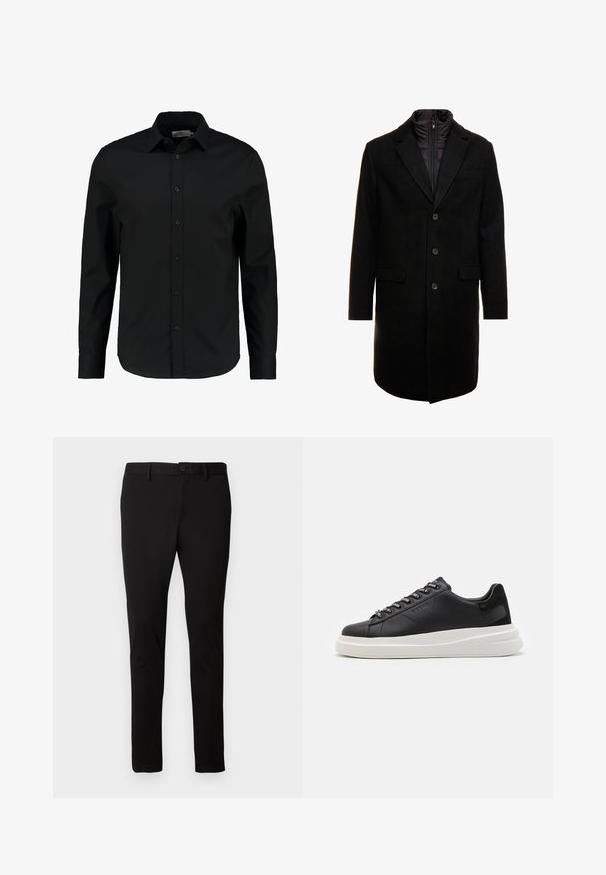 Cappotto lungo in misto lana nero dal design elegante, con uno strato interno isolato rimovibile, tre bottoni e due tasche frontali.; Cameretta nera a maniche lunghe realizzata in tessuto liscio, con chiusura a bottoni, colletto a punta e una vestibilità aderente con orlo curvo.; Pantaloni neri slim-fit con passanti per cintura, chiusura frontale con bottone e zip, presentati su uno sfondo chiaro e semplice.; Sneaker in pelle nera con suola in gomma bianca, dotato di lacci piatti e occhielli brandizzati. Texture morbida con un accento laterale a contrasto.