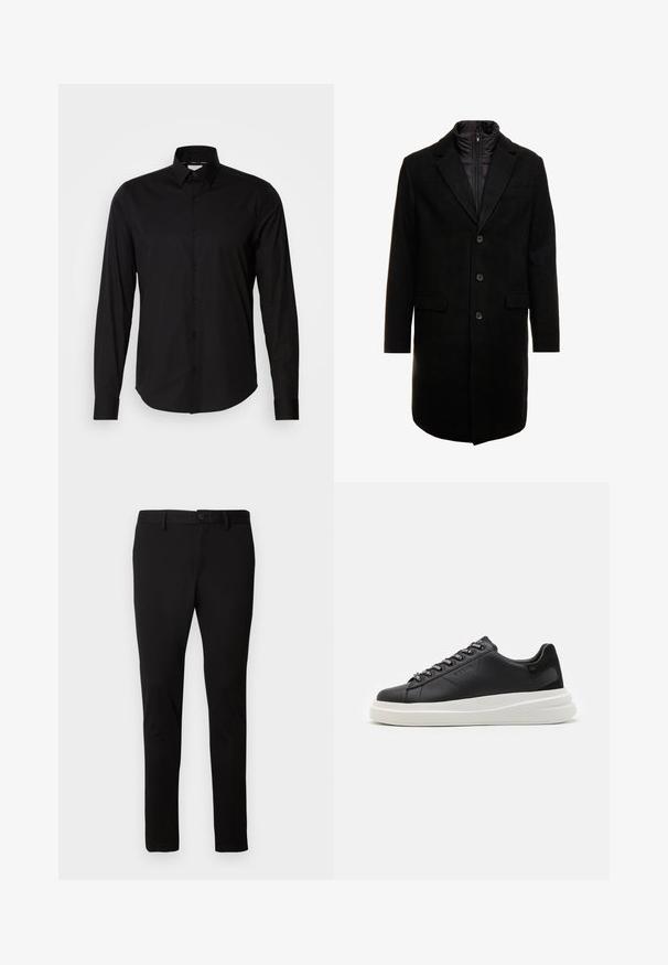 Cappotto lungo in misto lana nero dal design elegante, con uno strato interno isolato rimovibile, tre bottoni e due tasche frontali.; Maglietta nera a maniche lunghe realizzata in tessuto liscio. Presenta un collo classico, una chiusura con bottoni e un orlo dritto. Nessun motivo o accentuazione presente.; Pantaloni neri slim-fit con passanti per cintura, chiusura frontale con bottone e zip, presentati su uno sfondo chiaro e semplice.; Sneaker in pelle nera con suola in gomma bianca, dotato di lacci piatti e occhielli brandizzati. Texture morbida con un accento laterale a contrasto.