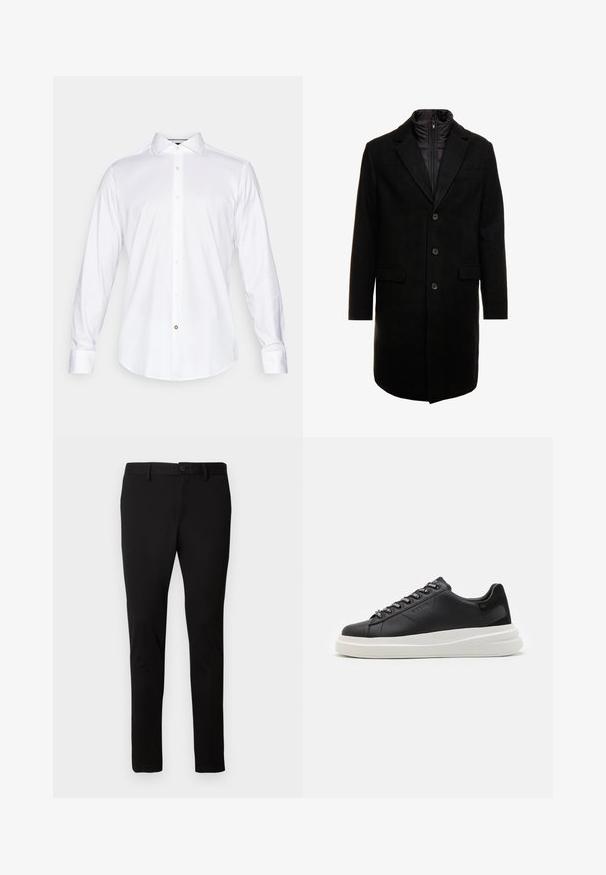 Mustan villasekoitteinen päällystakki, jossa on tyylikäs muotoilu, vuorattu irrotettavalla lämpökerroksella, kolme nappia ja kaksi etulokeroa.; Valkoinen pitkähihaista paitaa sileästä kankaasta, jossa on klassinen kaulus, napitus edessä ja pyöreä helma, jossa on pieni yksityiskohta napin muodossa.; Musta slim-fit-housut, joissa on vyölenkit, etupainike ja vetskari, esillä vaalealla yksinkertaisella taustalla.; Musta nahkakengät valkoisella kumipohjalla, joissa on tasaiset nauhat ja brändätyt rei'itykset. Pehmeä pinta, jossa on erottuva sivusärmä.