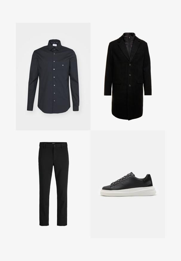 Melna vilnas maisījuma virsjakas ar elegantu dizainu, kurā ir iešūta izolēta iekšējā kārta, trīs pogas un divas priekšējās kabatas.; Melna garām piedurknēm pogājama krekla, kas izgatavots no gludas auduma. Ir klasiskas apkakles, priekšējās pogas un neliels balts logo uz krūšu daļas.; Melnas bikses no gludas auduma, ar klasisku dizainu, taisnu griezumu, priekšējo pogu aizdari un sānu kabatām.; Melnas ādas sporta kurpes ar baltu gumijas zoli, kurām ir plakanas saites un zīmola acs. Mīksta tekstūra ar kontrastējošu sānu akcentu.