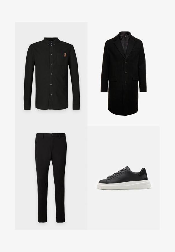 Czarny płaszcz wełniany o eleganckim fasonie, z ocieplaną wkładką na zamek, trzema guzikami i dwiema przednimi kieszeniami.; Czarna, bawełniana koszula z długim rękawem, zapinana na guziki, z kieszenią na piersi z beżowym akcentem oraz niebieskimi guzikami.; Czarne, dopasowane spodnie z paskiem, z zapięciem na guzik z przodu i zamkiem błyskawicznym, wyeksponowane na jednolitym jasnym tle.; Czarne skórzane trampki z białą gumową podeszwą, z płaskimi sznurowadłami i logo w oczkach. Miękka tekstura z kontrastowym akcentem bocznym.